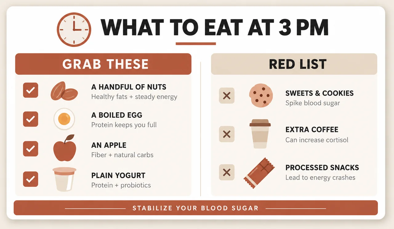 Preview of the What to Eat at 3 PM PDF checklist — a grab-these column and a red list column