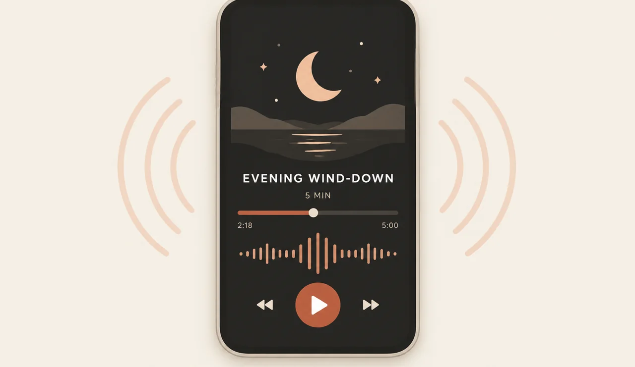 Preview of the Evening Wind-Down audio — a 5-minute guided track on a phone screen